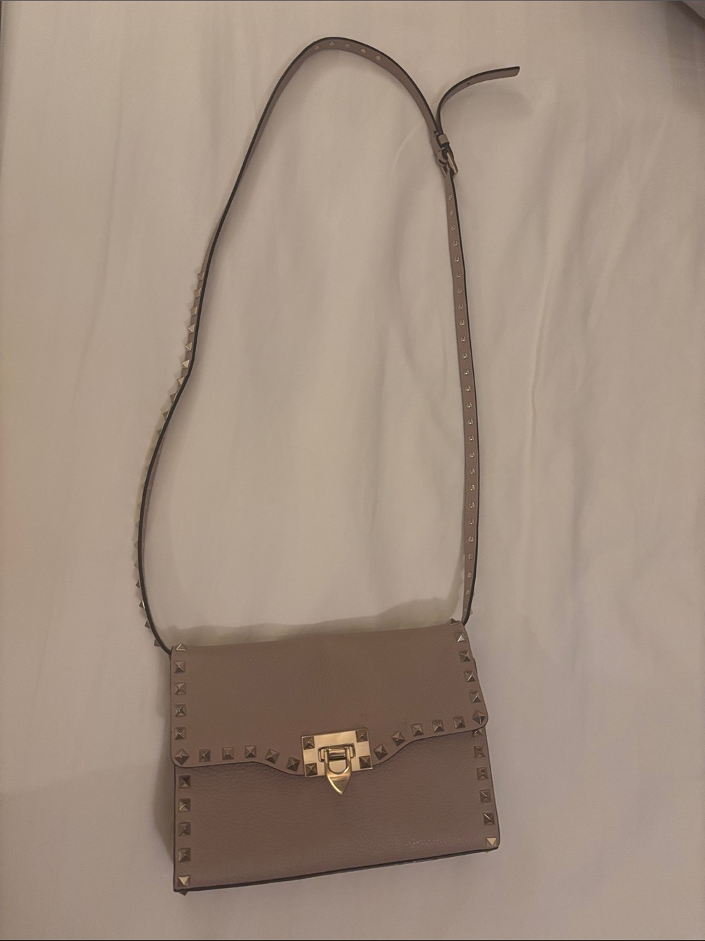 Valentino Taupe Stud Leather Crossbody Bag with Gold Hardware 
Authentic